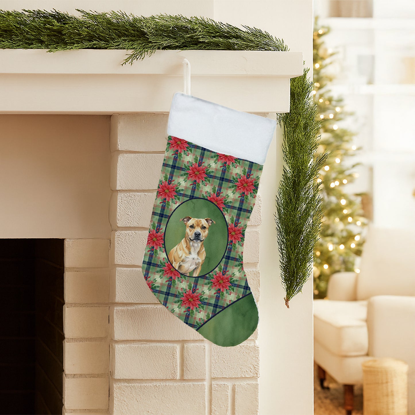 Fawn Staffordshire Bull Terrier Christmas PoinsettIas Holiday Stocking