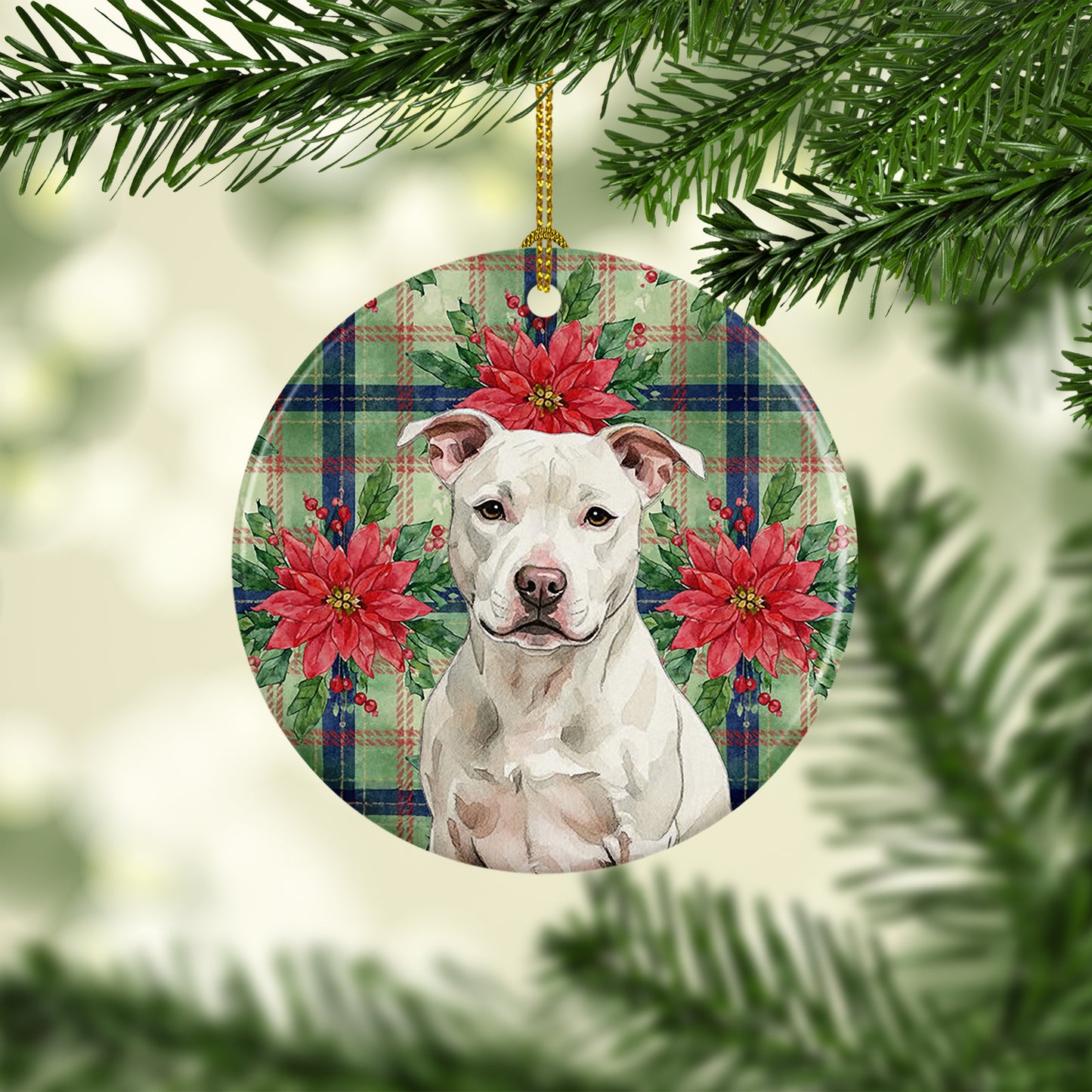 White Staffordshire Bull Terrier Christmas PoinsettIas Ceramic Ornament