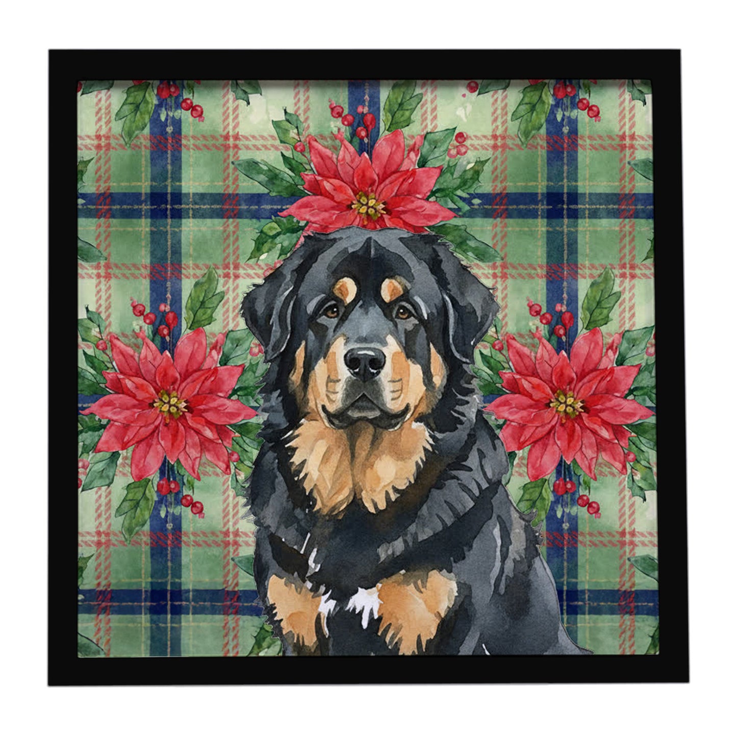 Buy this Black and Tan Tibetan Mastiff Christmas PoinsettIas Framed Metal Print
