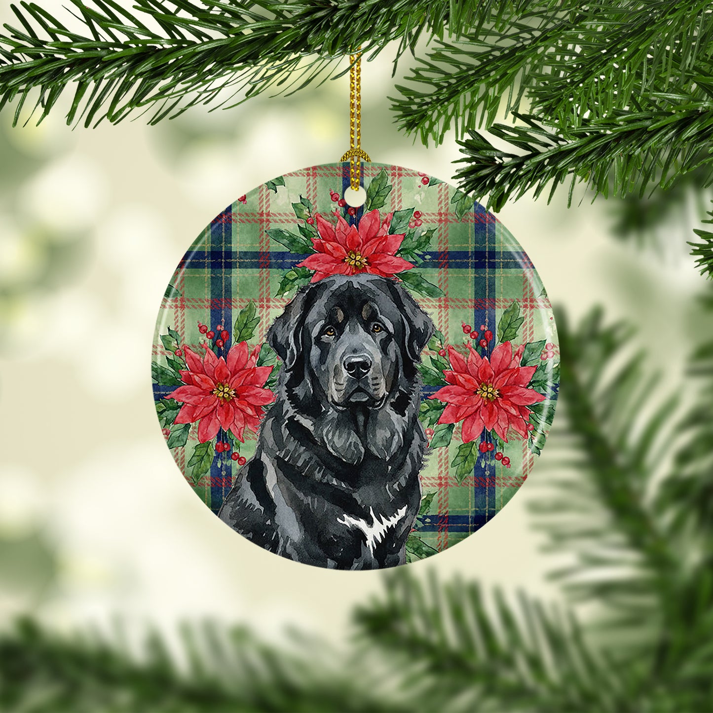 Black Tibetan Mastiff Christmas PoinsettIas Ceramic Ornament