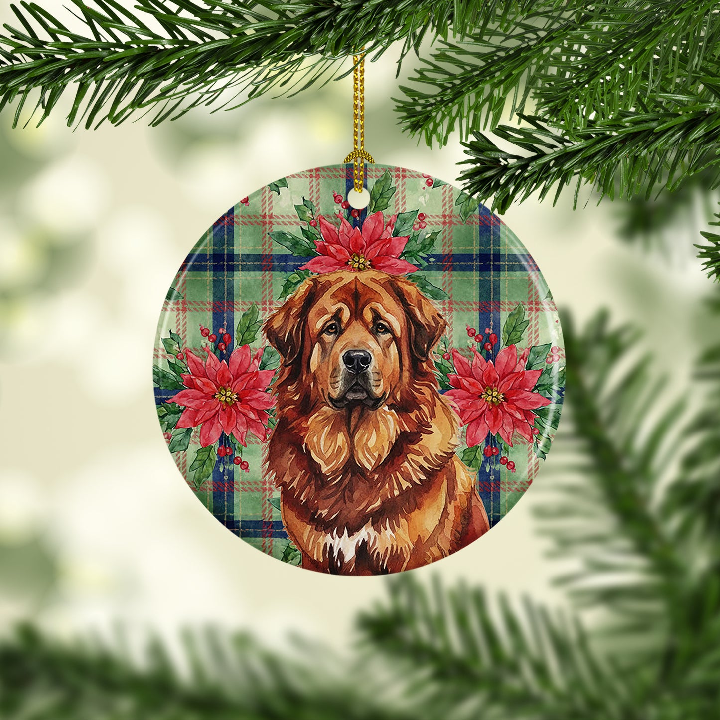 Red Gold Tibetan Mastiff Christmas PoinsettIas Ceramic Ornament