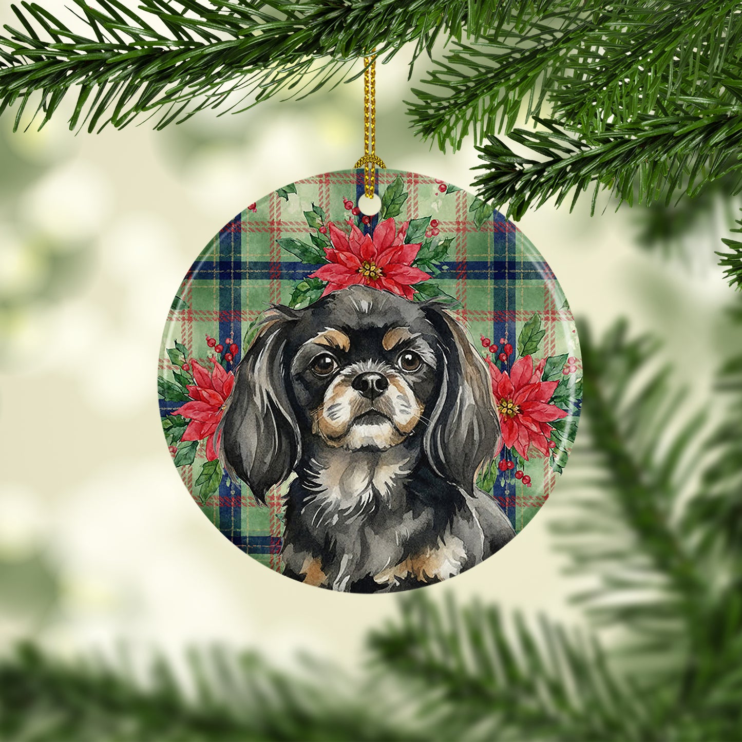 Black and Tan Tibetan Spaniel Christmas PoinsettIas Ceramic Ornament