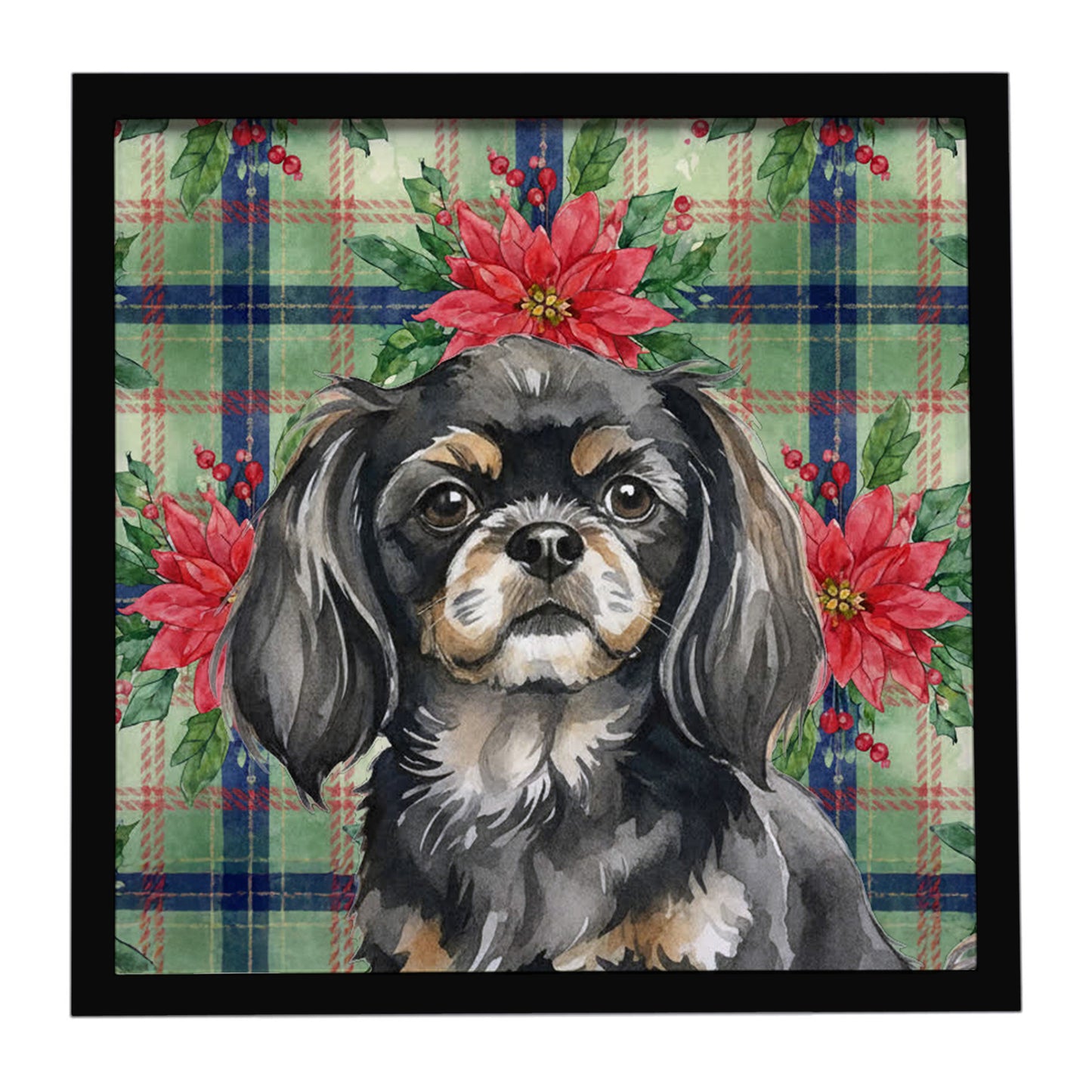 Buy this Black and Tan Tibetan Spaniel Christmas PoinsettIas Framed Metal Print