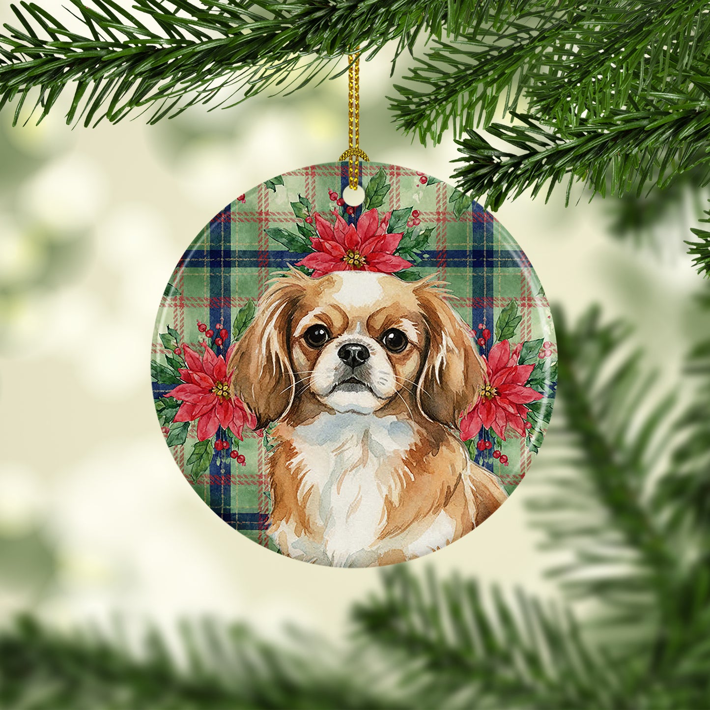Tibetan Spaniel Christmas PoinsettIas Ceramic Ornament