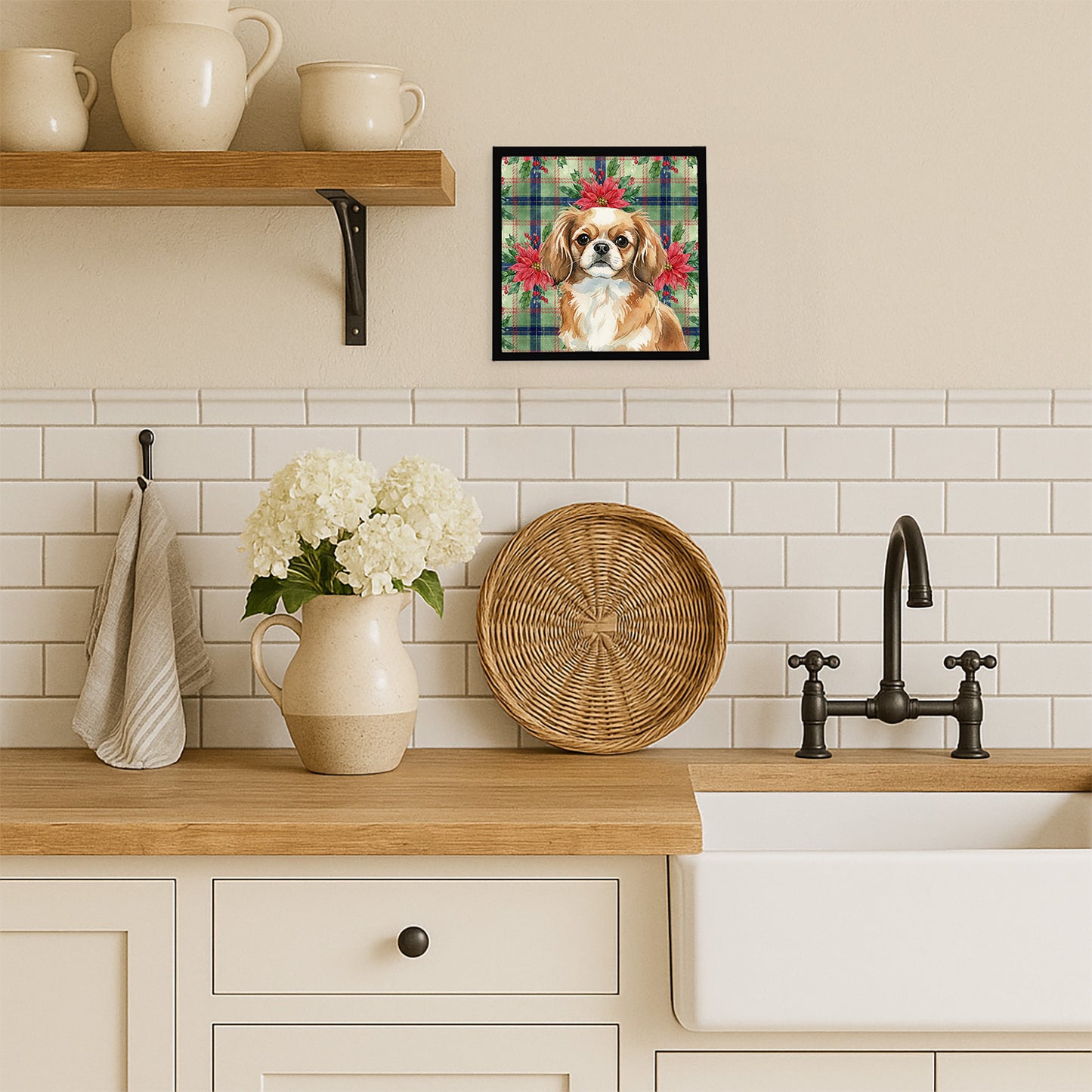 Tibetan Spaniel Christmas PoinsettIas Framed Metal Print