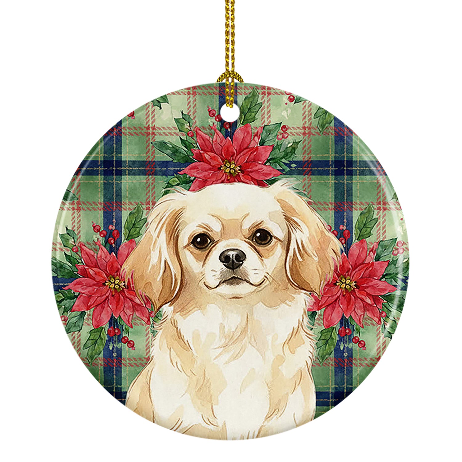 Buy this Cream Tibetan Spaniel Christmas PoinsettIas Ceramic Ornament