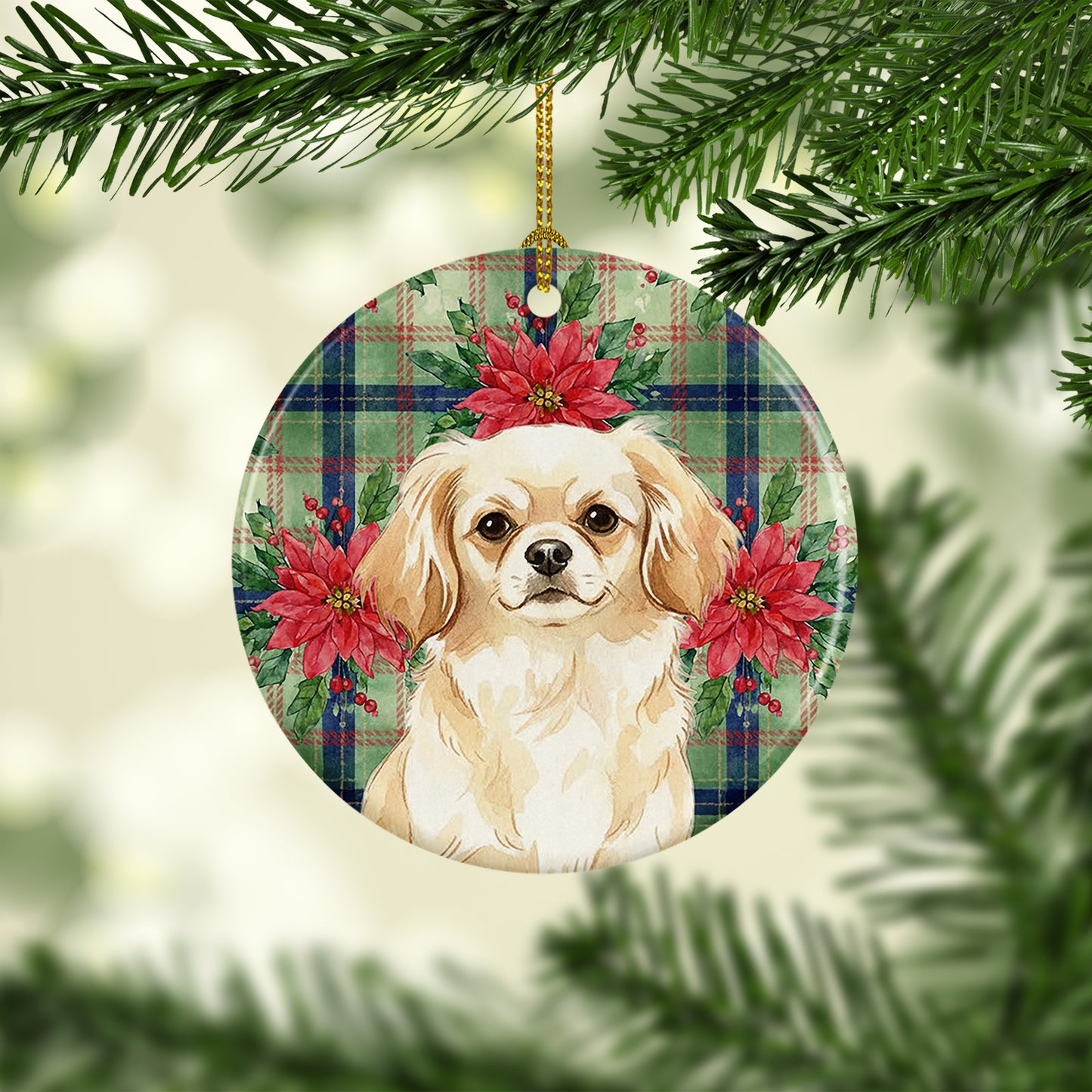 Cream Tibetan Spaniel Christmas PoinsettIas Ceramic Ornament