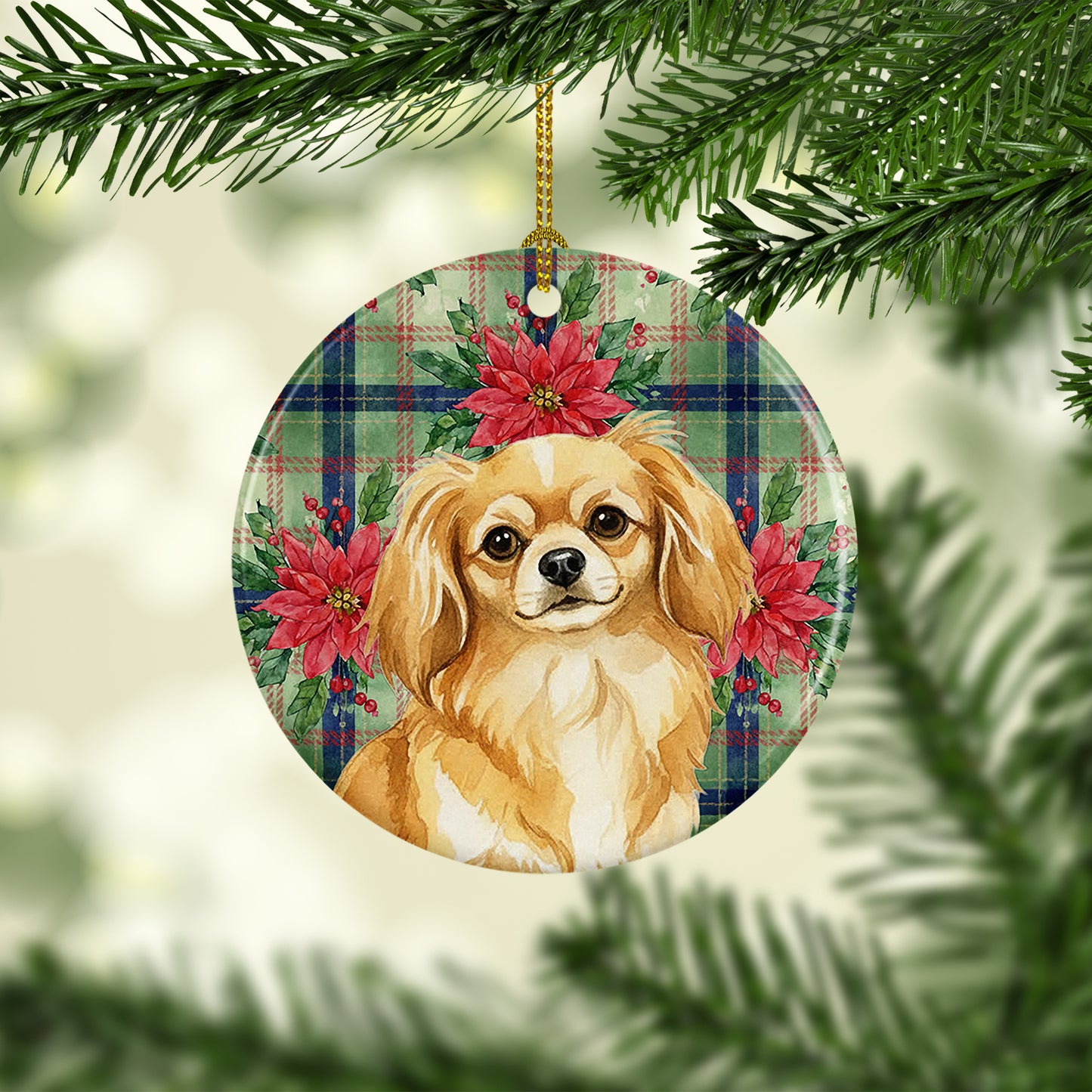 Gold Tibetan Spaniel Christmas PoinsettIas Ceramic Ornament