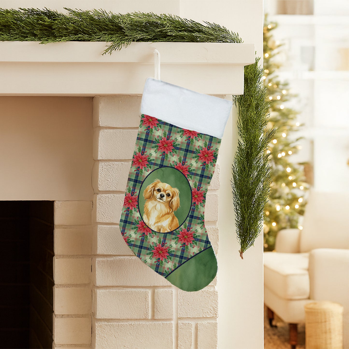 Gold Tibetan Spaniel Christmas PoinsettIas Holiday Stocking