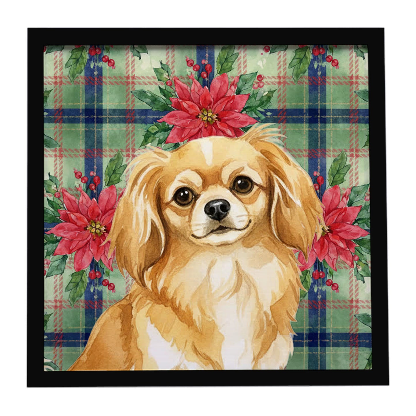Buy this Gold Tibetan Spaniel Christmas PoinsettIas Framed Metal Print