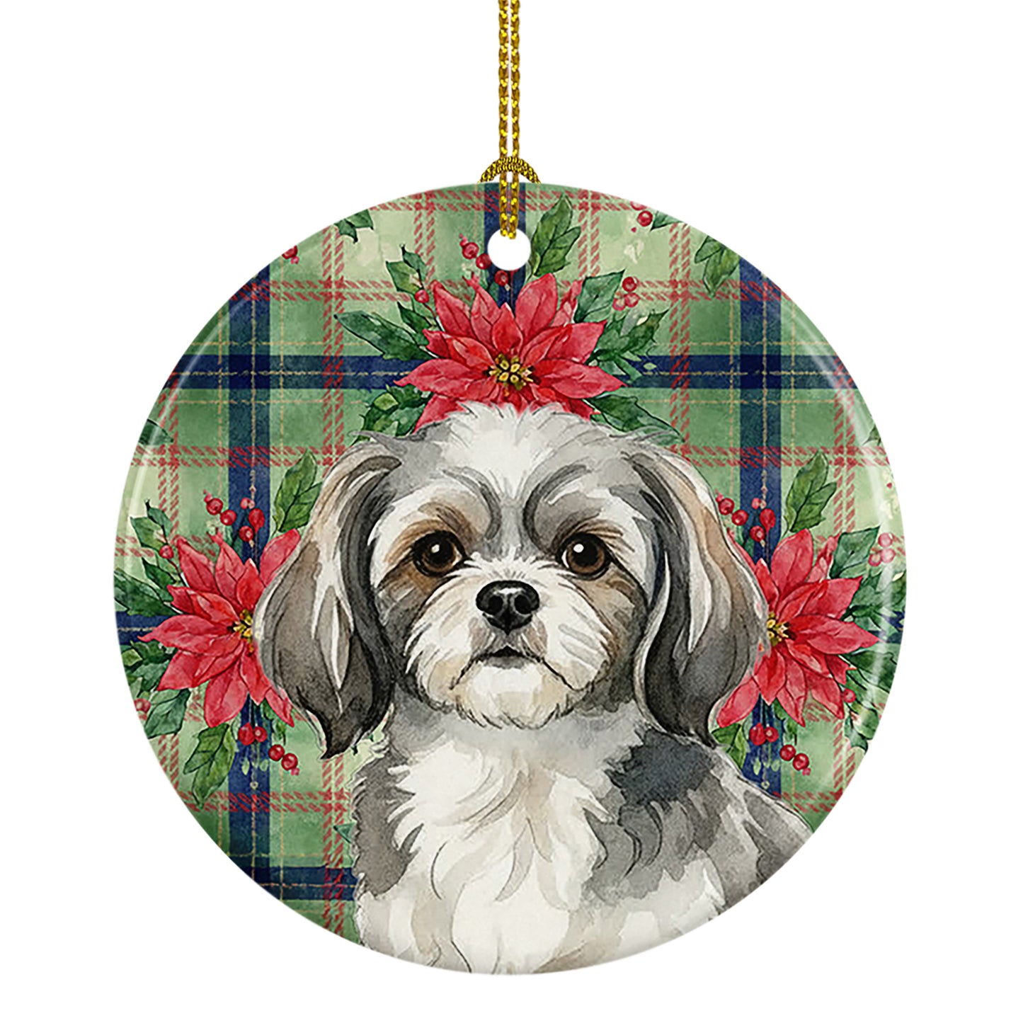 Buy this Grey and White Tibetan Spaniel Christmas PoinsettIas Ceramic Ornament
