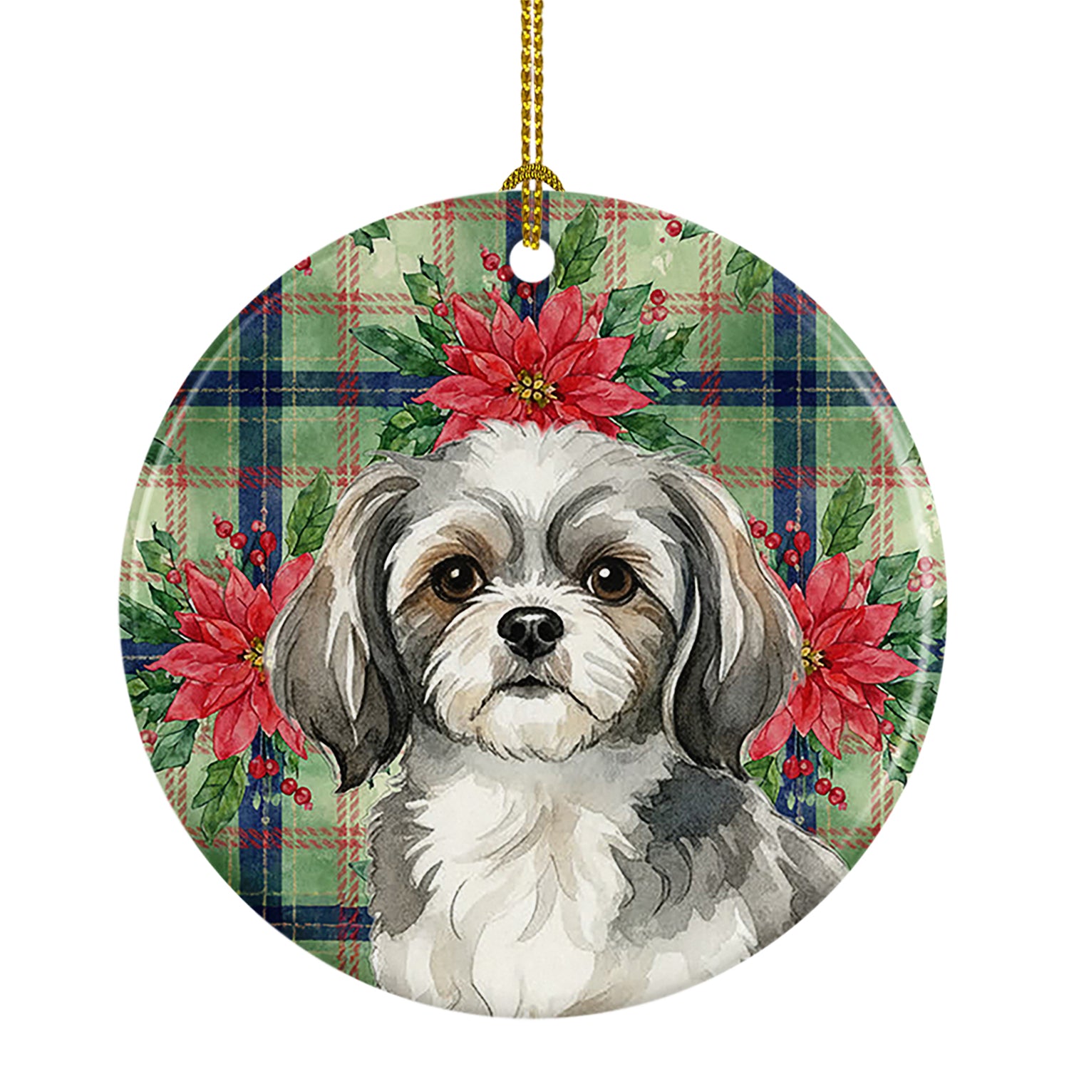 Buy this Grey and White Tibetan Spaniel Christmas PoinsettIas Ceramic Ornament