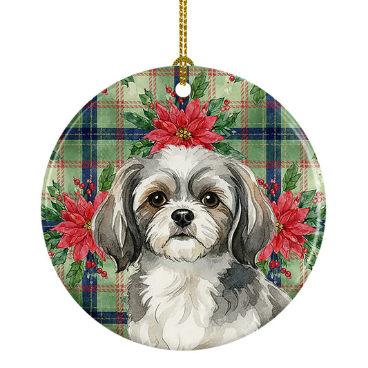 Buy this Grey and White Tibetan Spaniel Christmas PoinsettIas Ceramic Ornament