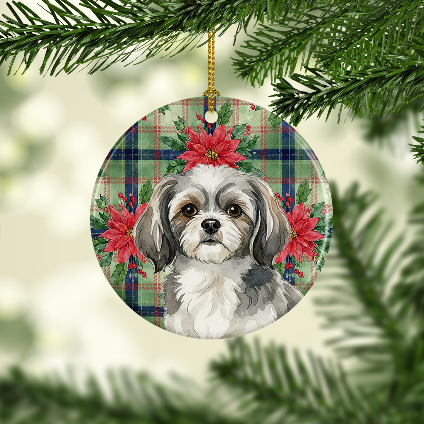 Grey and White Tibetan Spaniel Christmas PoinsettIas Ceramic Ornament