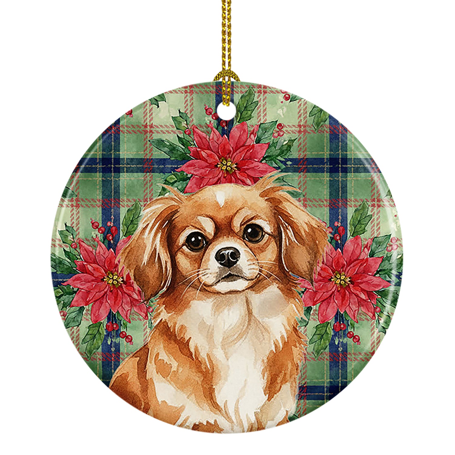 Buy this Red Tibetan Spaniel Christmas PoinsettIas Ceramic Ornament