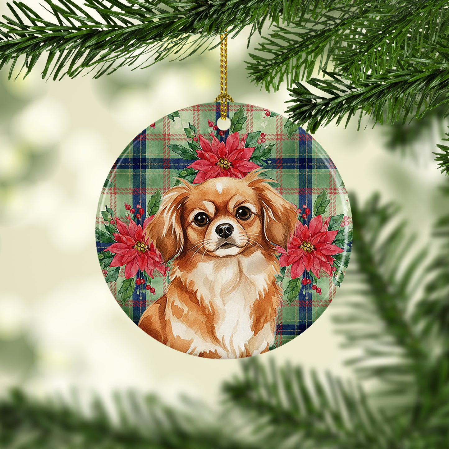 Red Tibetan Spaniel Christmas PoinsettIas Ceramic Ornament