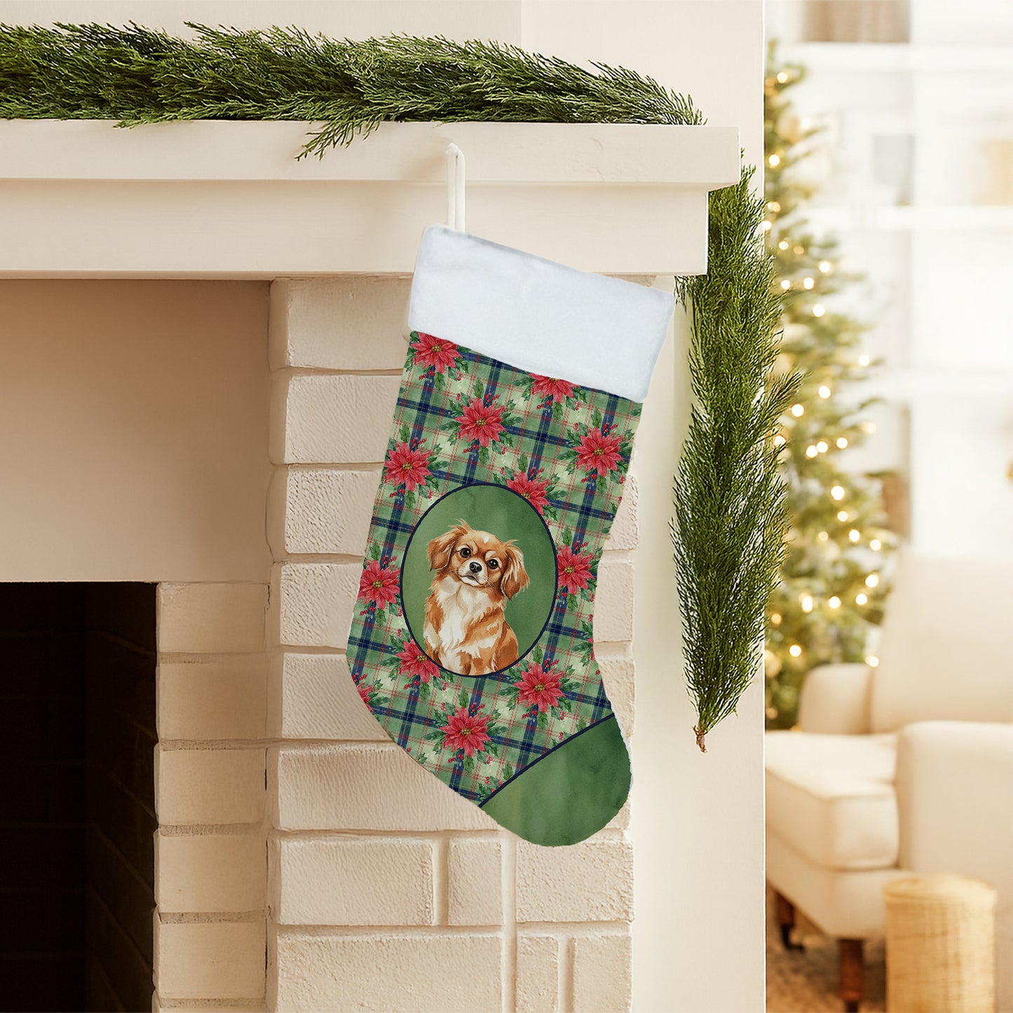 Red Tibetan Spaniel Christmas PoinsettIas Holiday Stocking