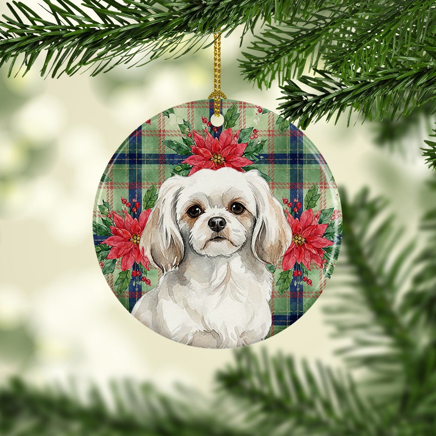 White Tibetan Spaniel Christmas PoinsettIas Ceramic Ornament