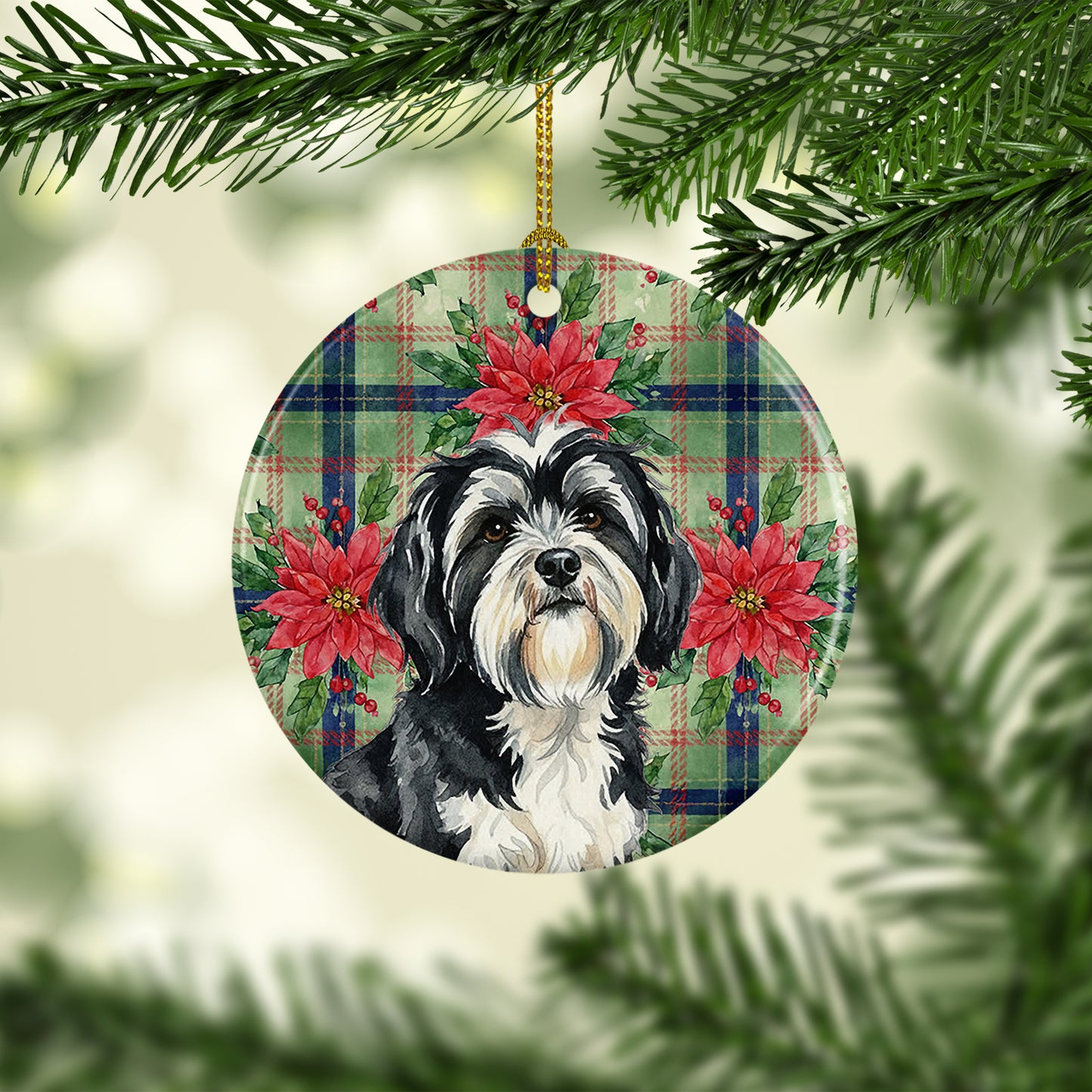 Black and White Tibetan Terrier Christmas PoinsettIas Ceramic Ornament