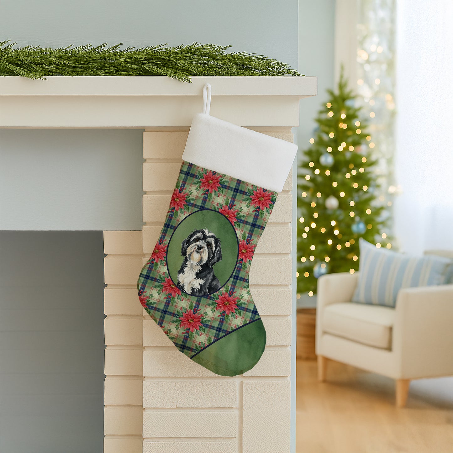 Black and White Tibetan Terrier Christmas PoinsettIas Holiday Stocking