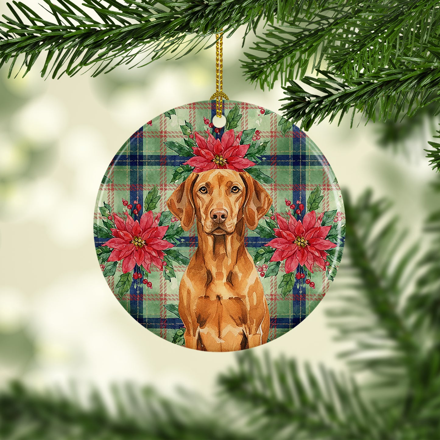 Vizsla Christmas PoinsettIas Ceramic Ornament