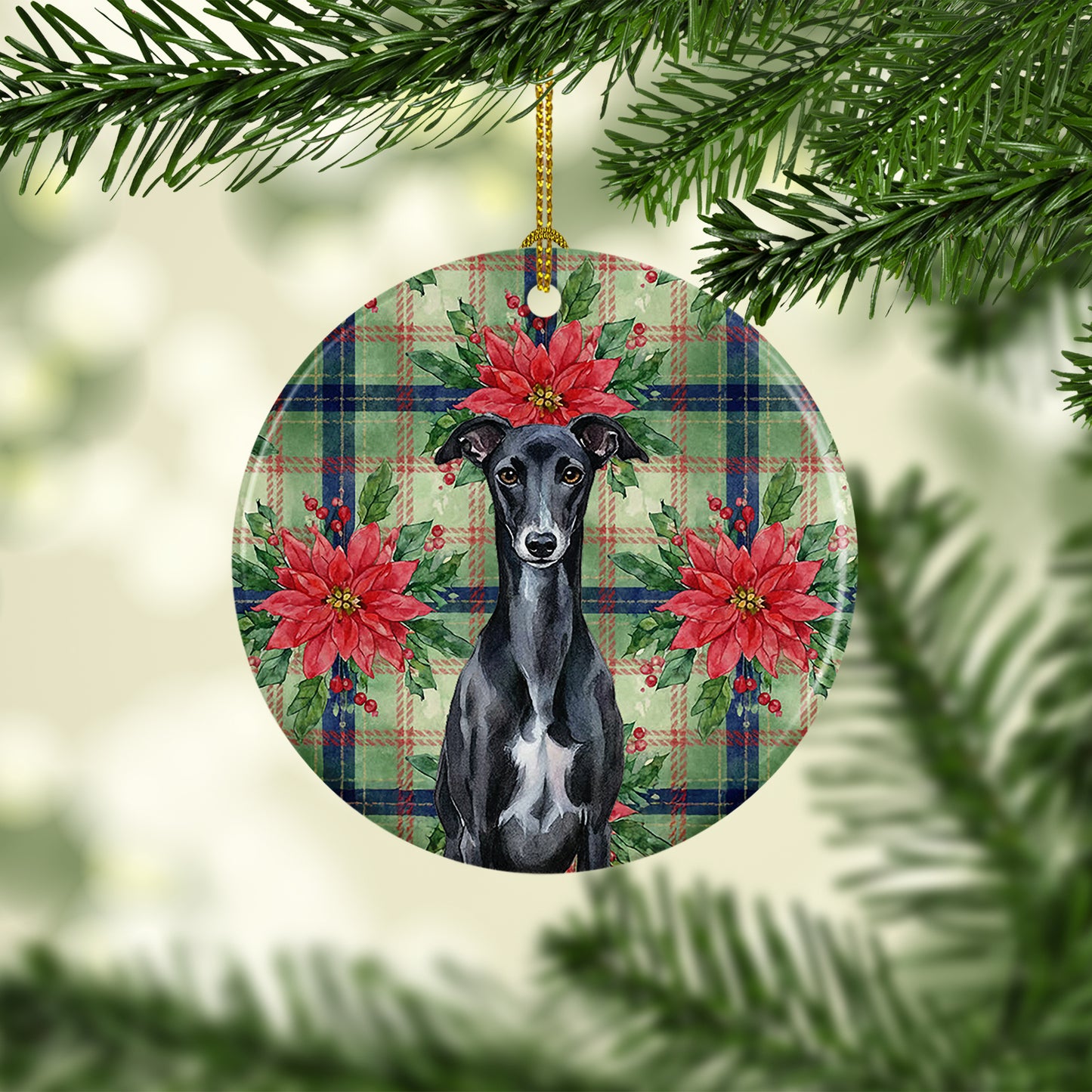 Black Whippet Christmas PoinsettIas Ceramic Ornament