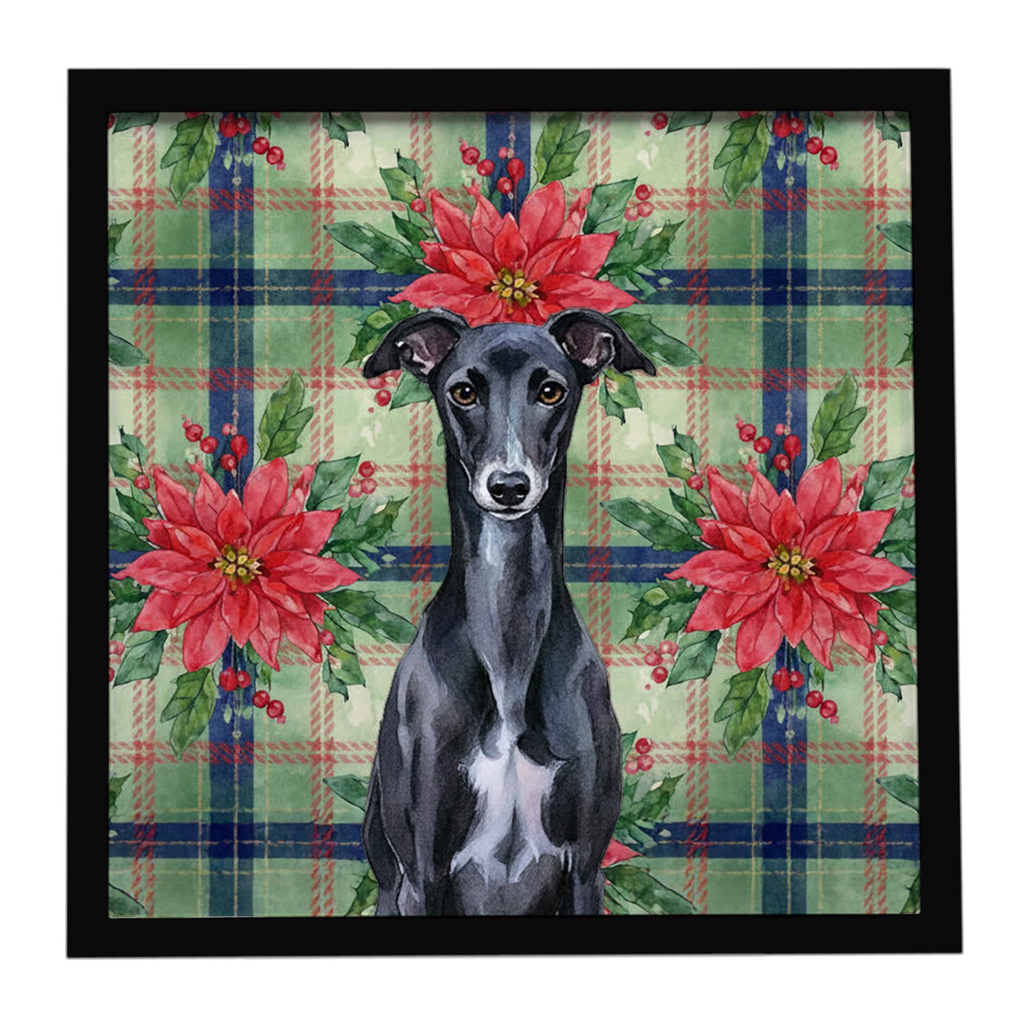 Buy this Black Whippet Christmas PoinsettIas Framed Metal Print