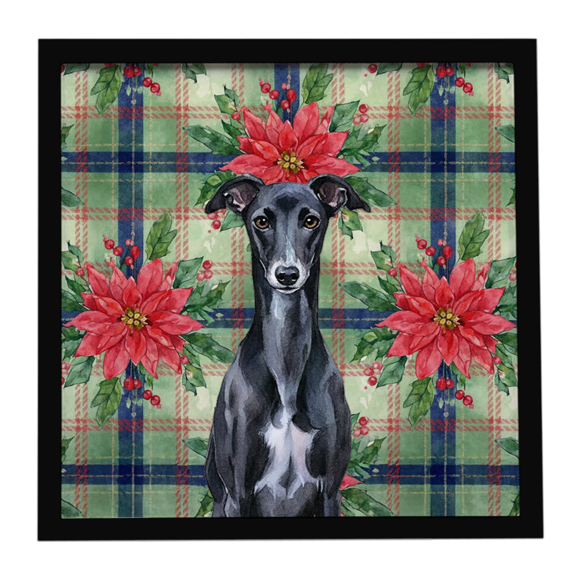 Buy this Black Whippet Christmas PoinsettIas Framed Metal Print
