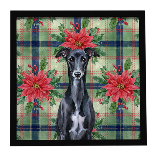 Buy this Black Whippet Christmas PoinsettIas Framed Metal Print