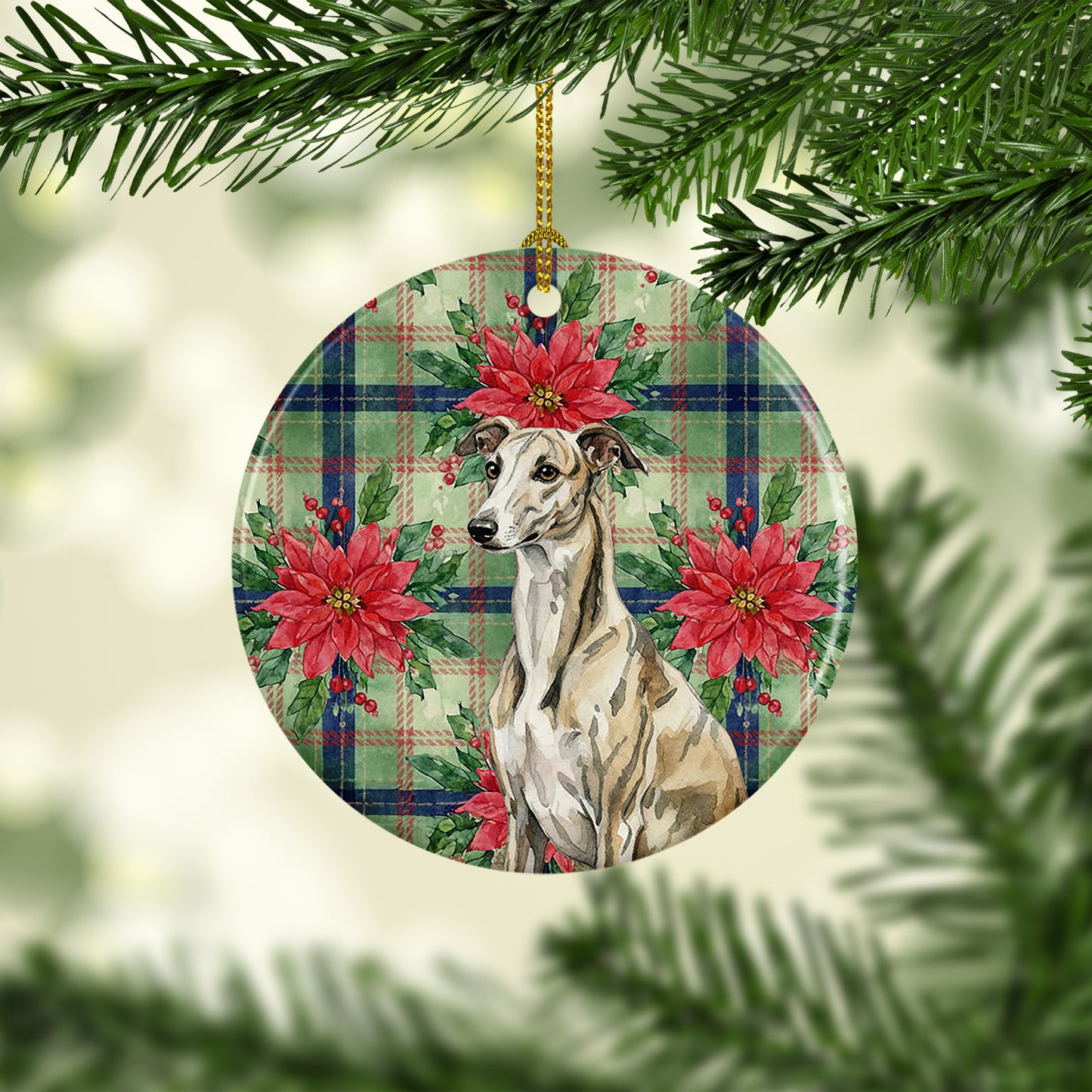 Brindle Whippet Christmas PoinsettIas Ceramic Ornament