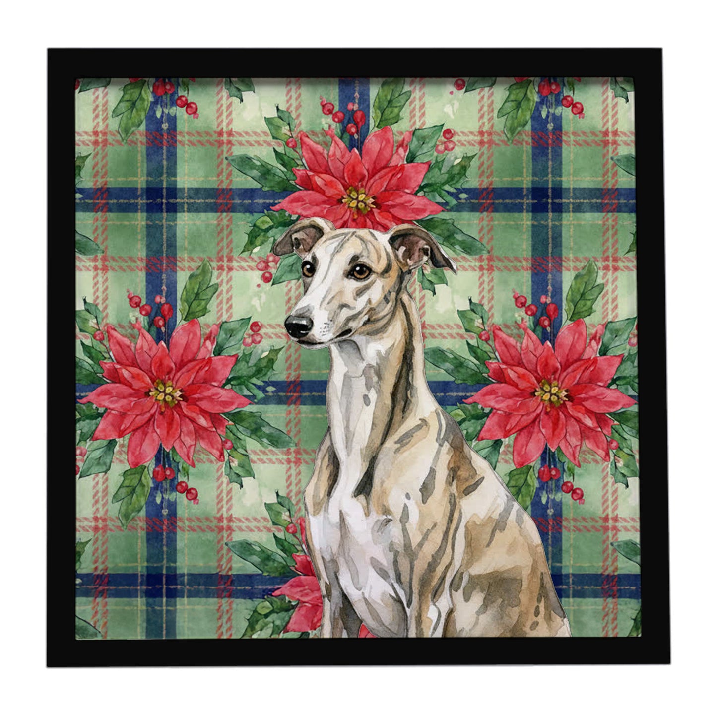 Buy this Brindle Whippet Christmas PoinsettIas Framed Metal Print