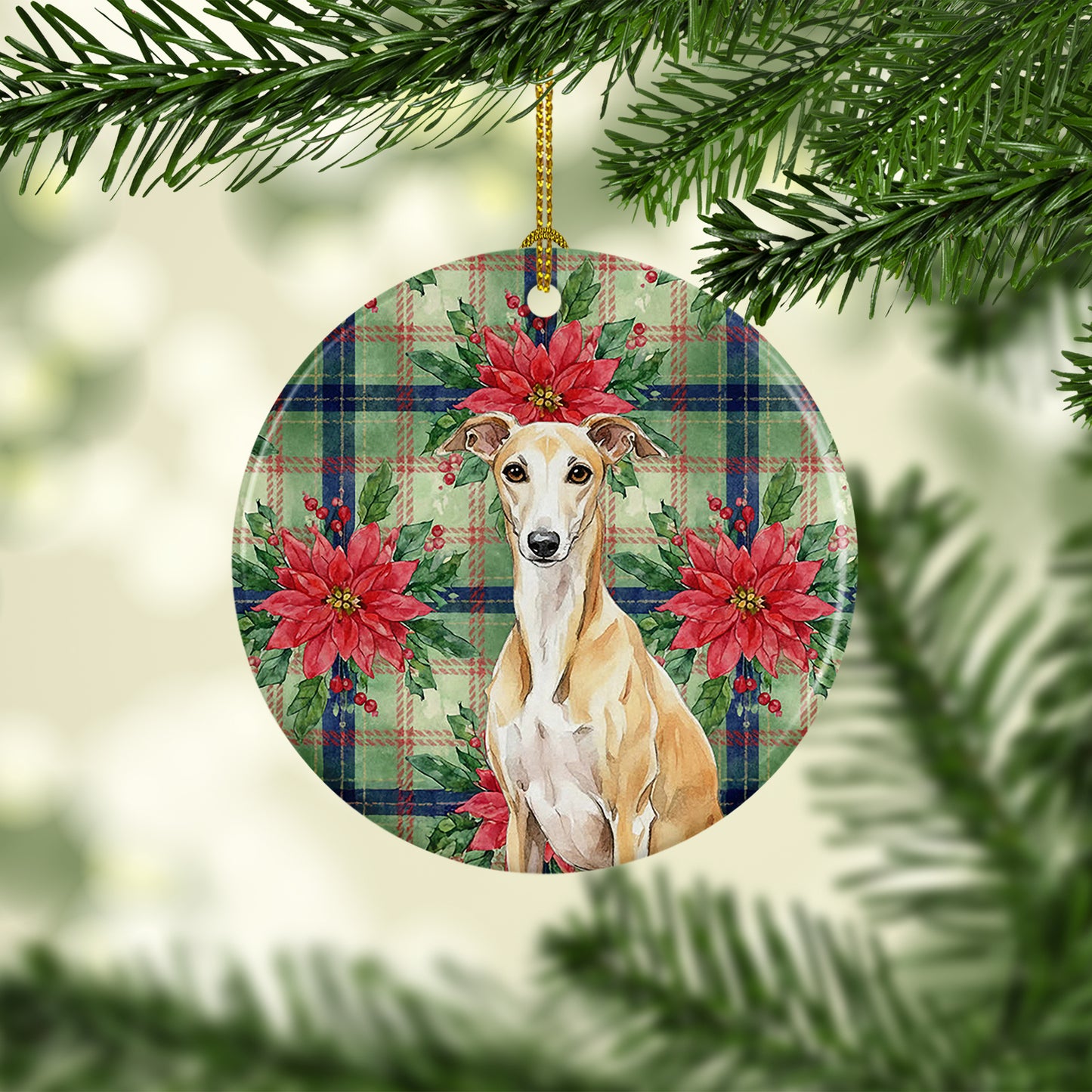 Fawn Whippet Christmas PoinsettIas Ceramic Ornament