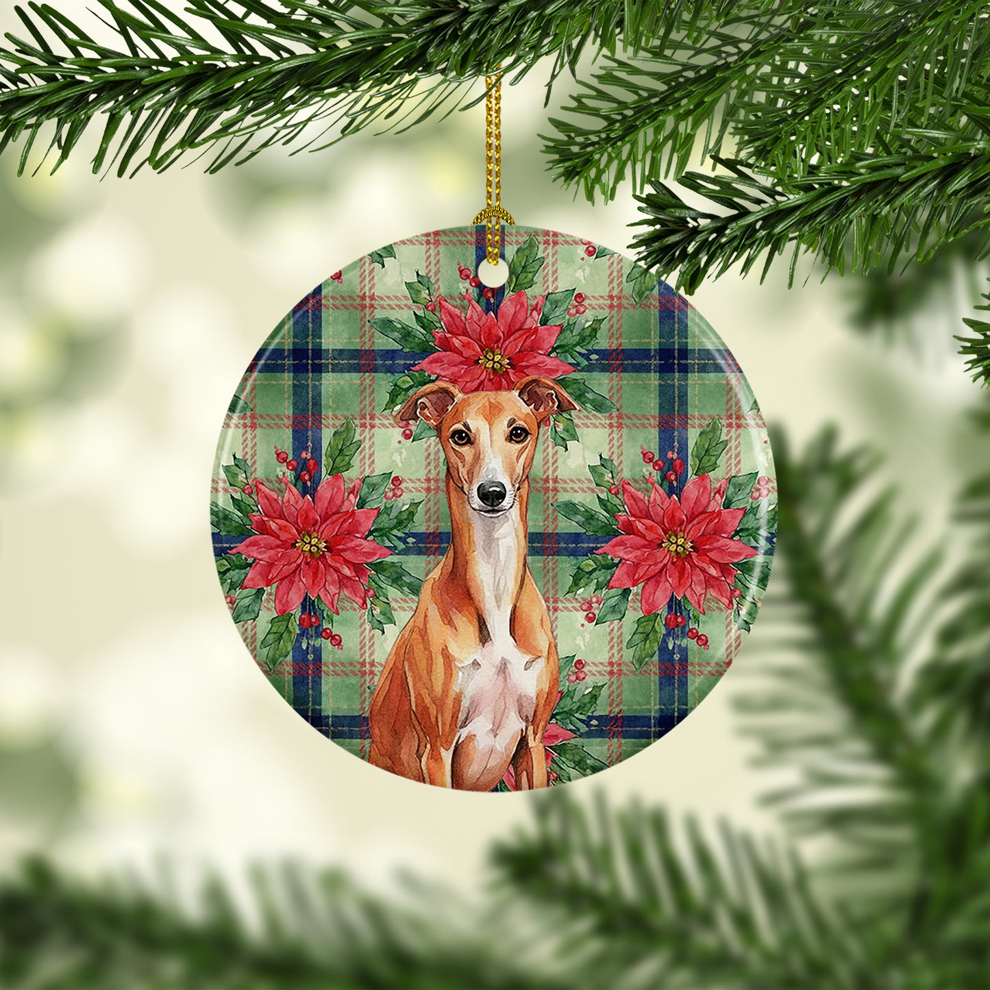Red Whippet Christmas PoinsettIas Ceramic Ornament