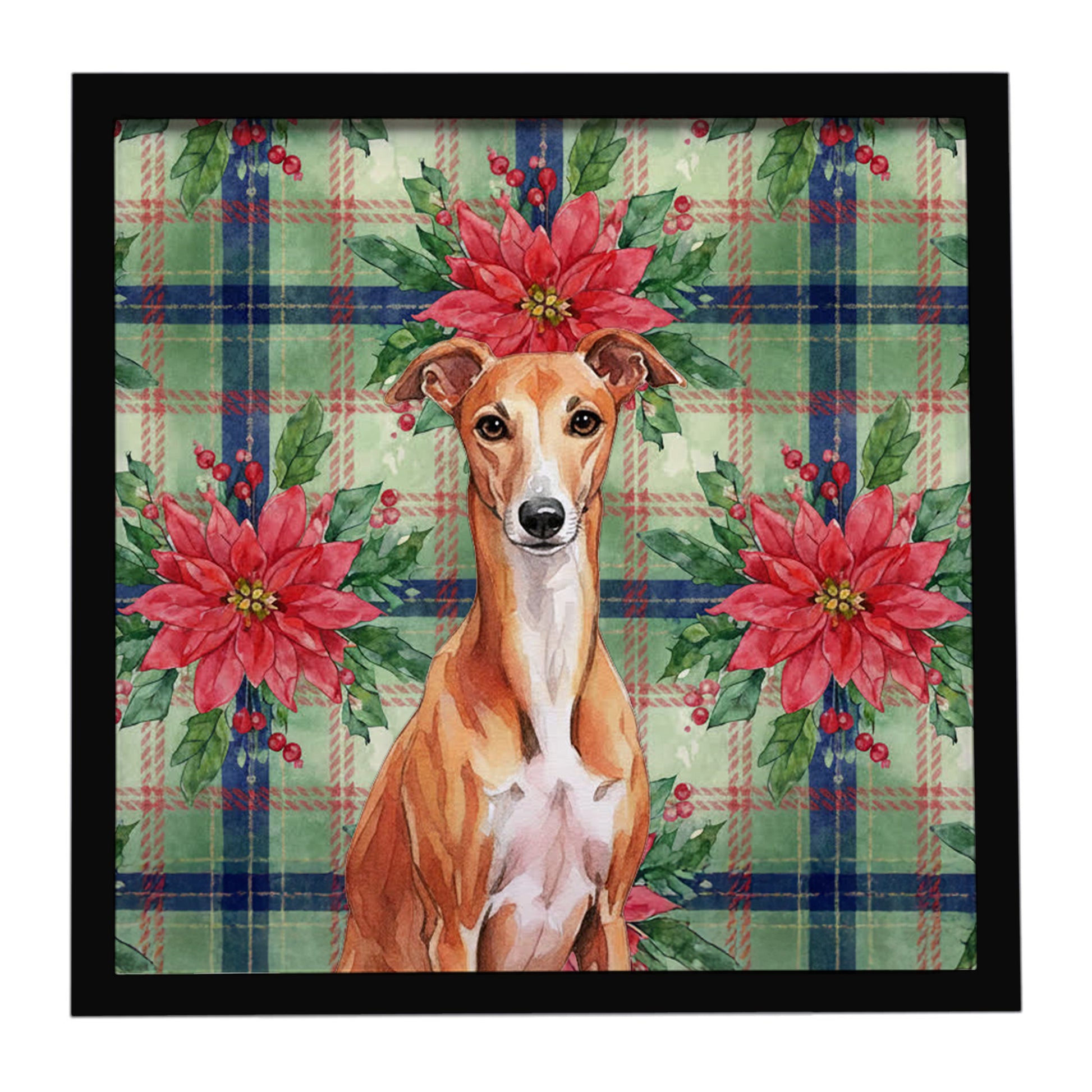 Buy this Red Whippet Christmas PoinsettIas Framed Metal Print