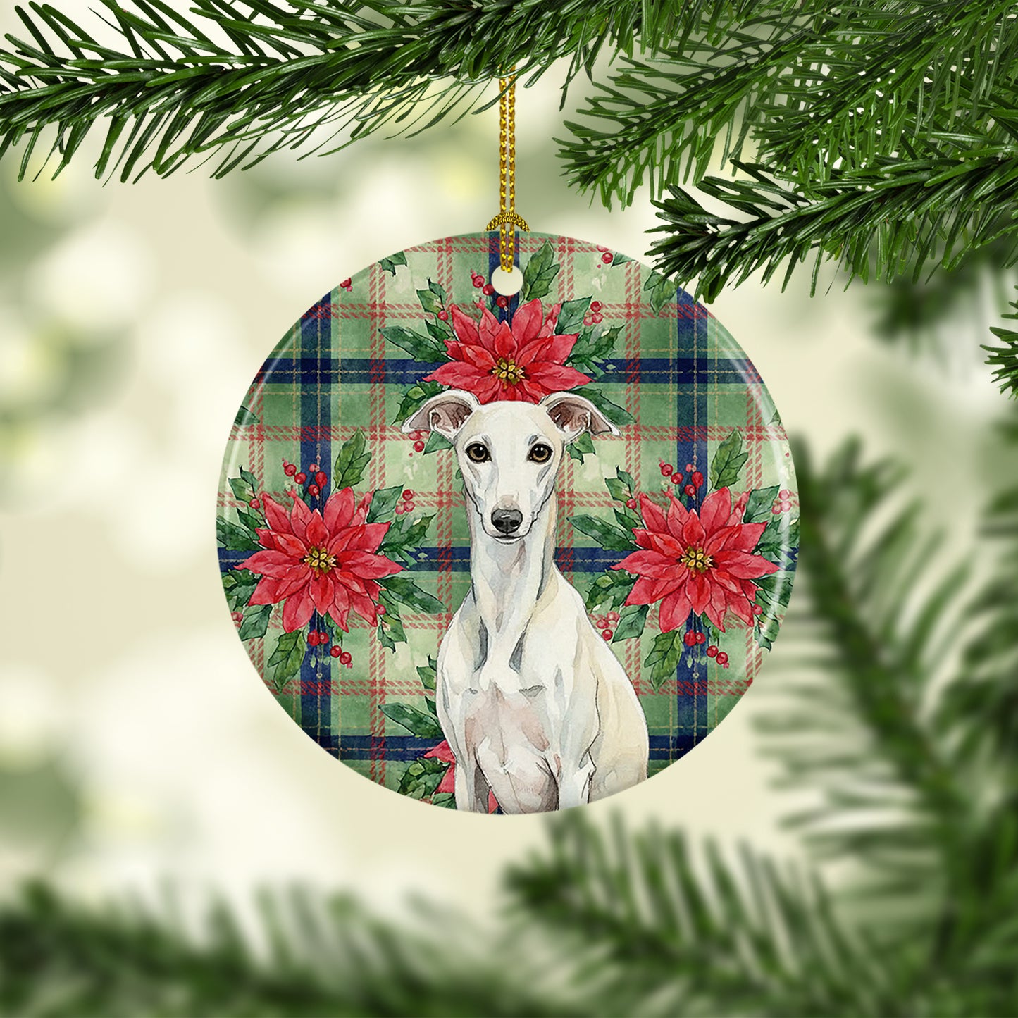 White Whippet Christmas PoinsettIas Ceramic Ornament