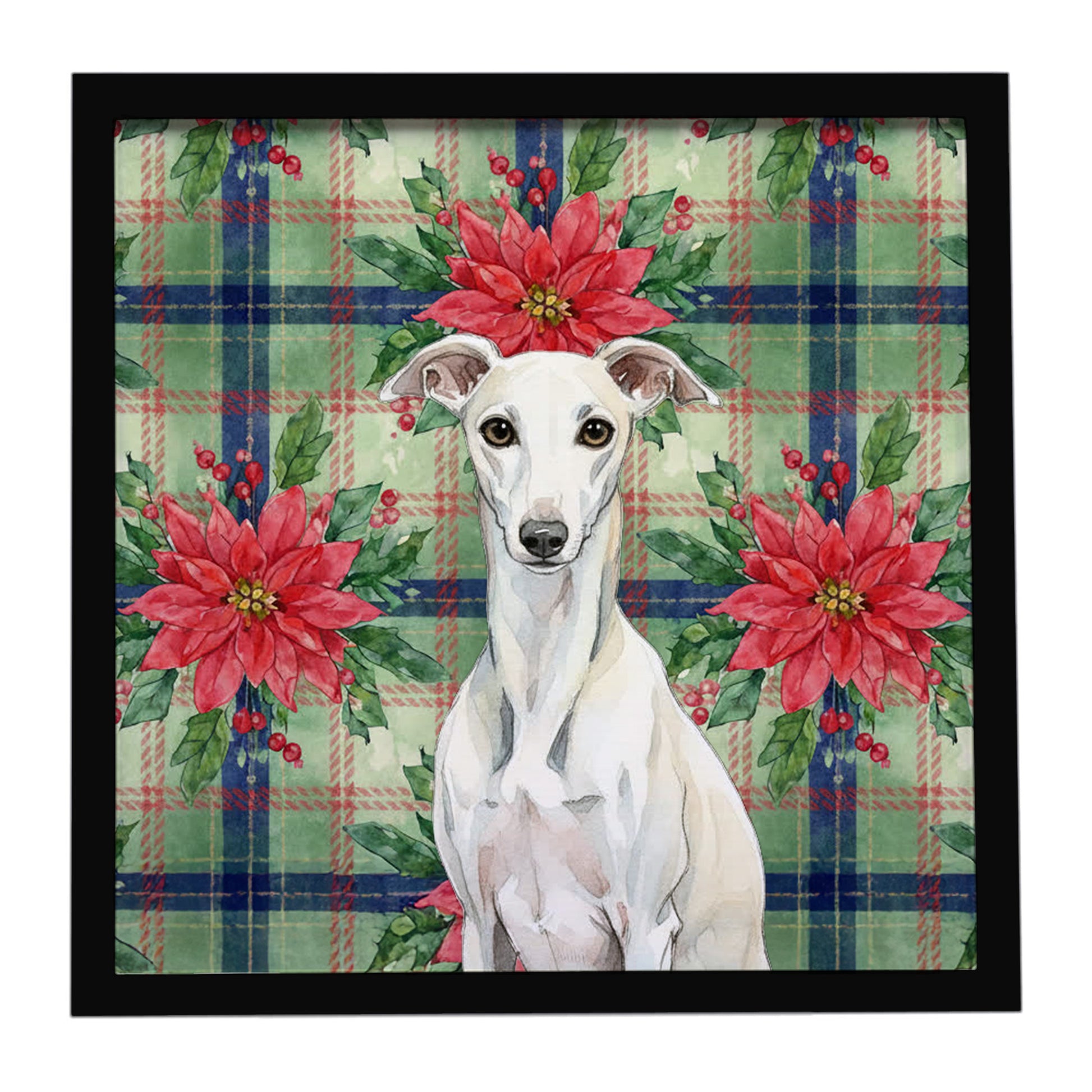 Buy this White Whippet Christmas PoinsettIas Framed Metal Print