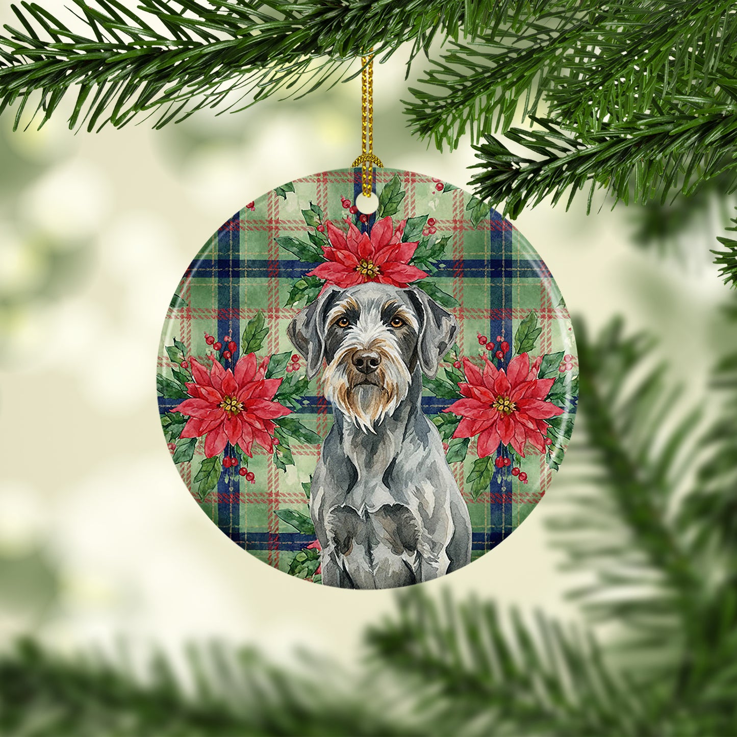 Steel Gray Wirehaired Pointing Griffon Christmas PoinsettIas Ceramic Ornament