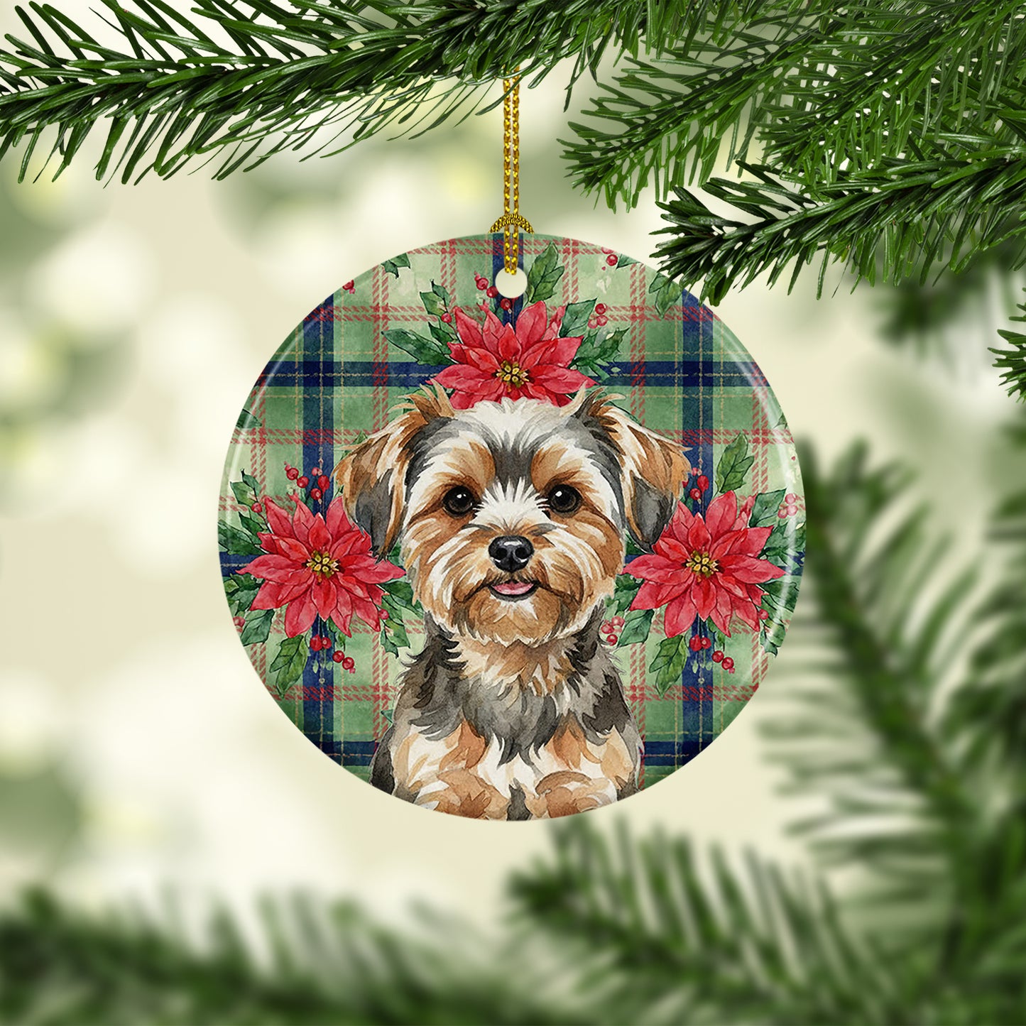 Yorkiepoo Christmas PoinsettIas Ceramic Ornament