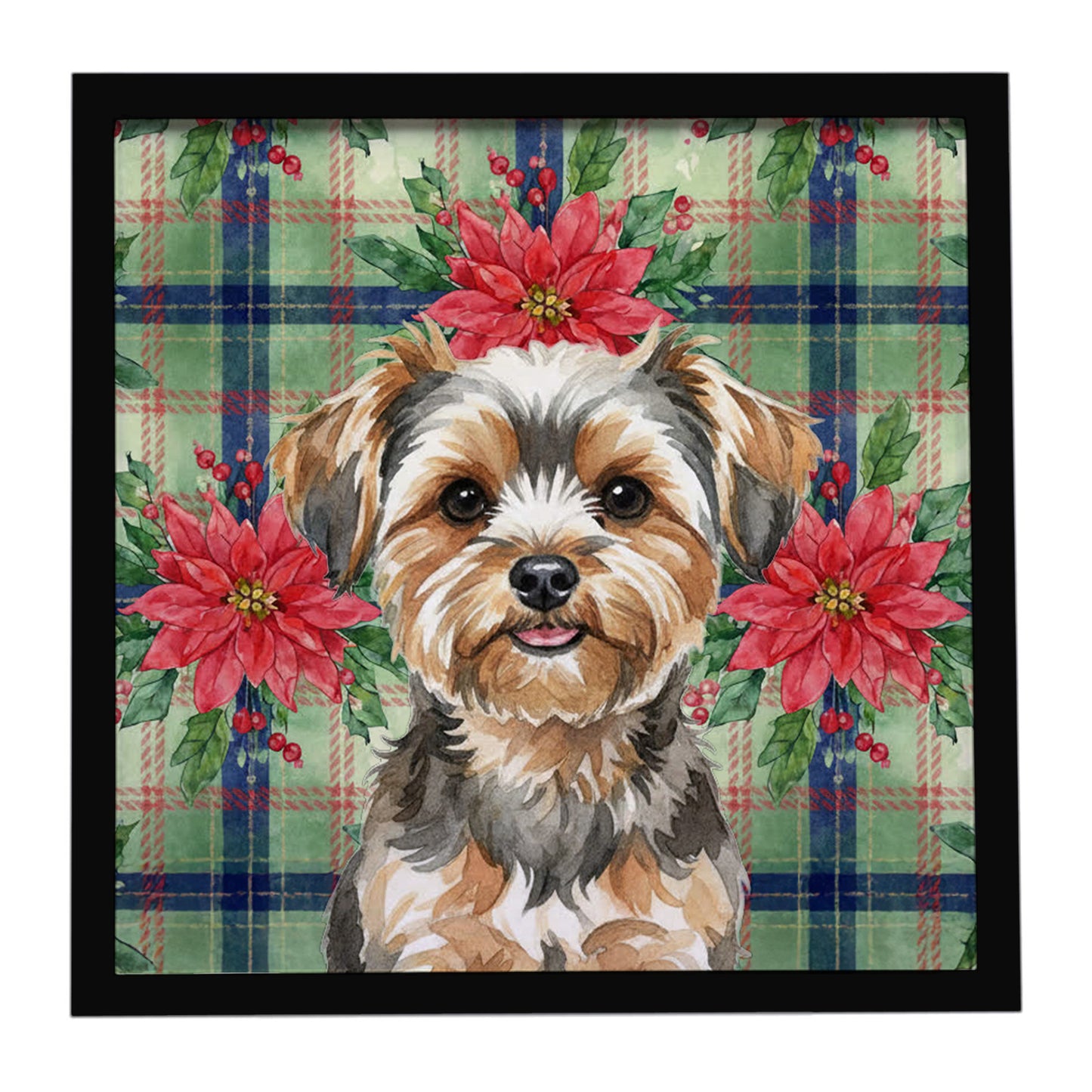 Buy this Yorkiepoo Christmas PoinsettIas Framed Metal Print