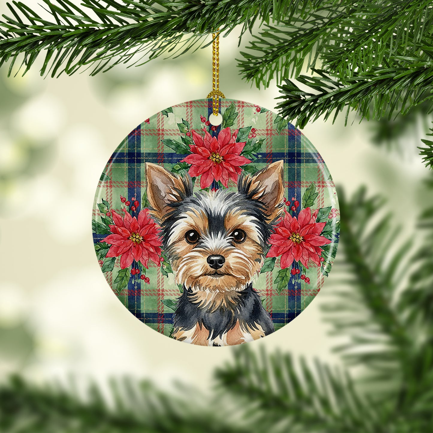Black and Tan Yorkshire Terrier Christmas PoinsettIas Ceramic Ornament