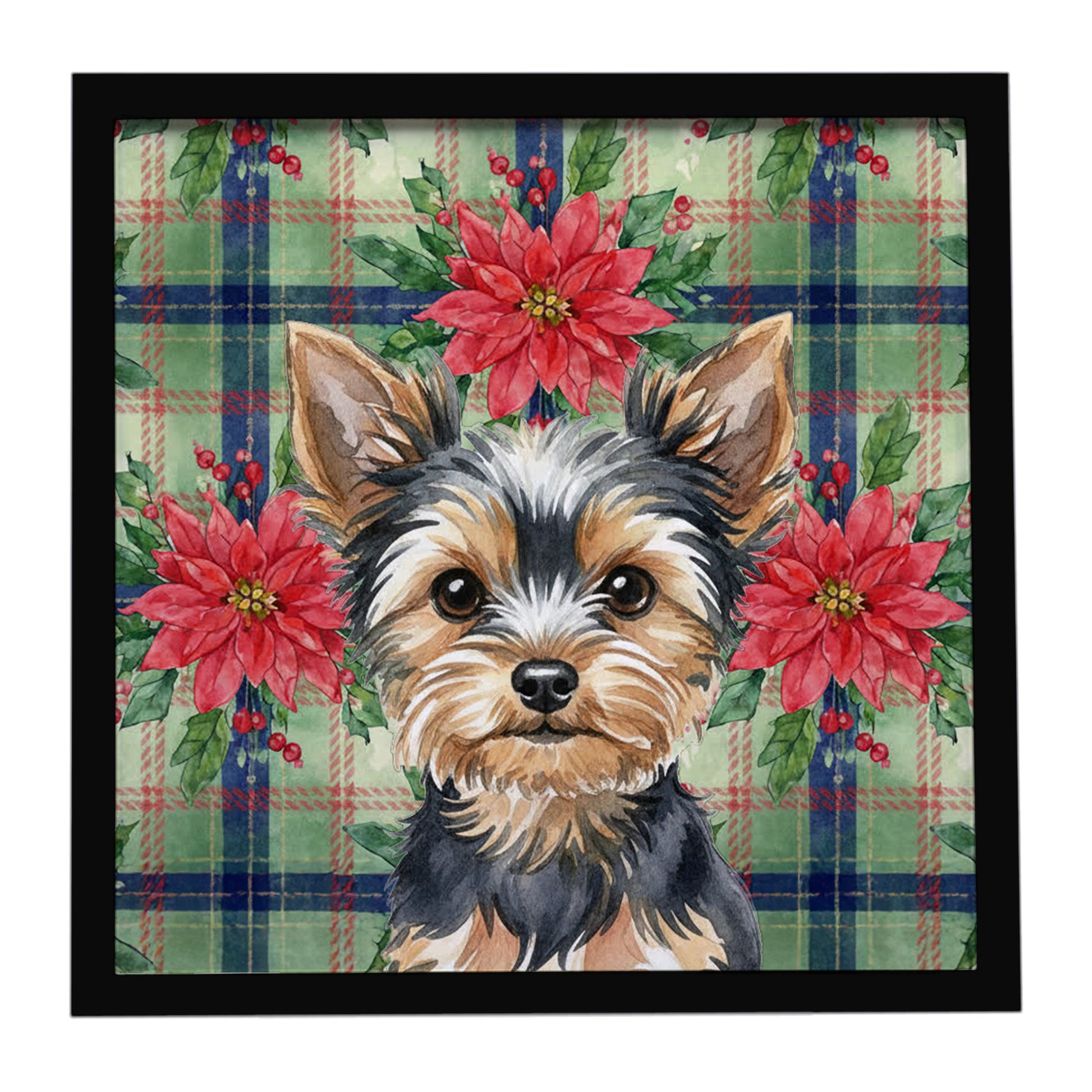 Buy this Black and Tan Yorkshire Terrier Christmas PoinsettIas Framed Metal Print
