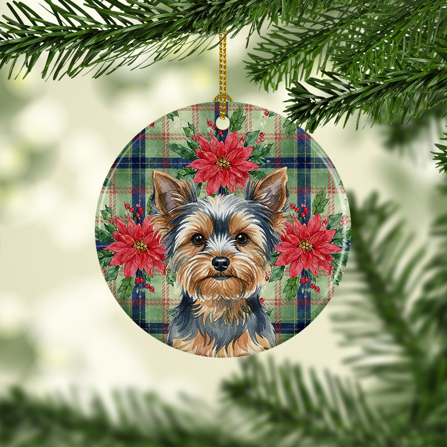 Blue and Tan Yorkshire Terrier Christmas PoinsettIas Ceramic Ornament